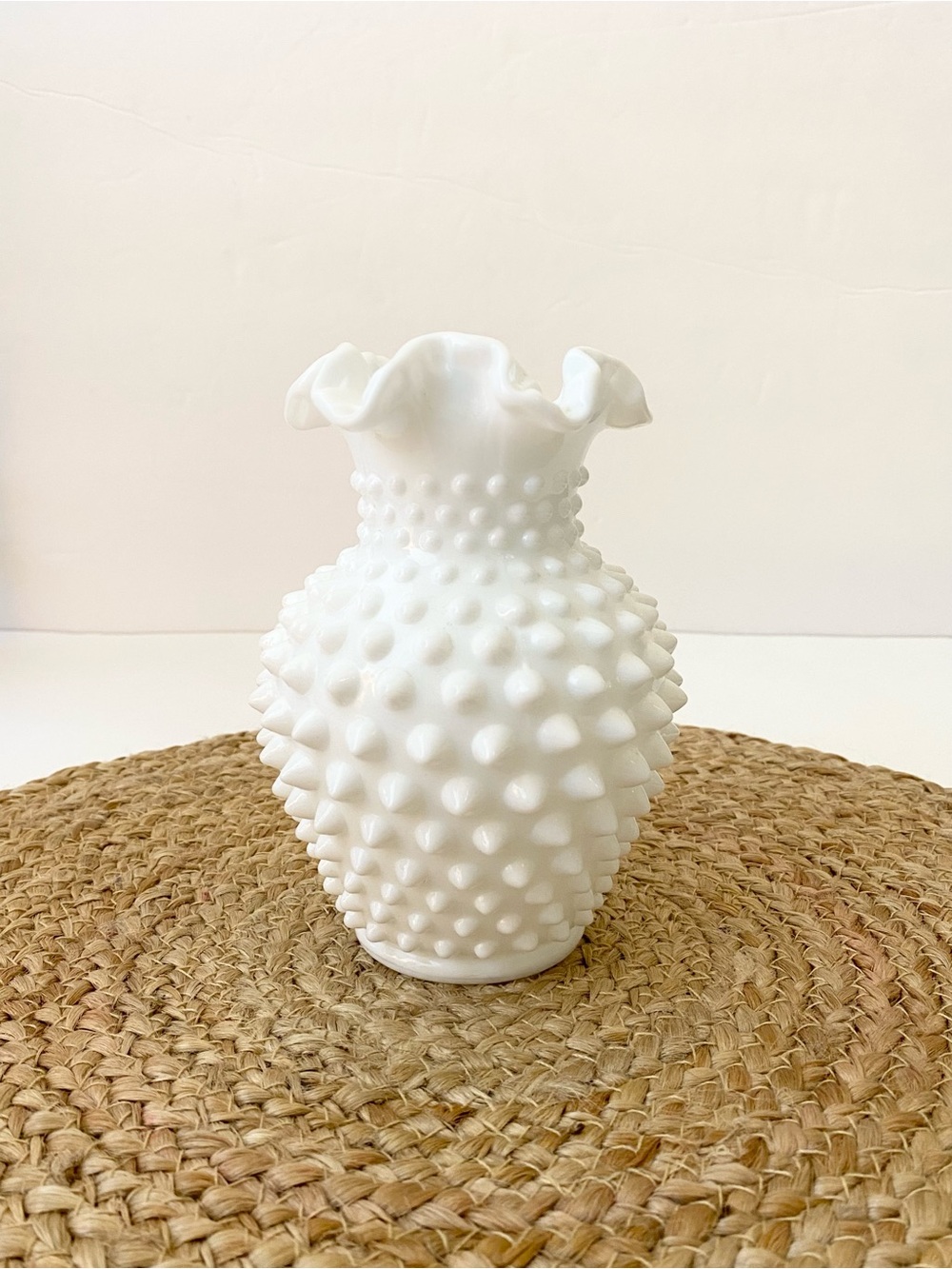 VINTAGE Fenton Milkglass Hobnail Double Crimped Vase in White Milk Glass